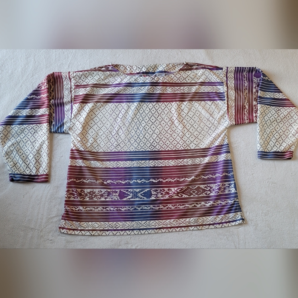 Rare 70s Geo Striped Groovy Colored Long Sleeve Top Buttoned Shoulder Detail